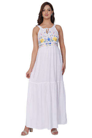 White Floral Rayon Long Dress - Front