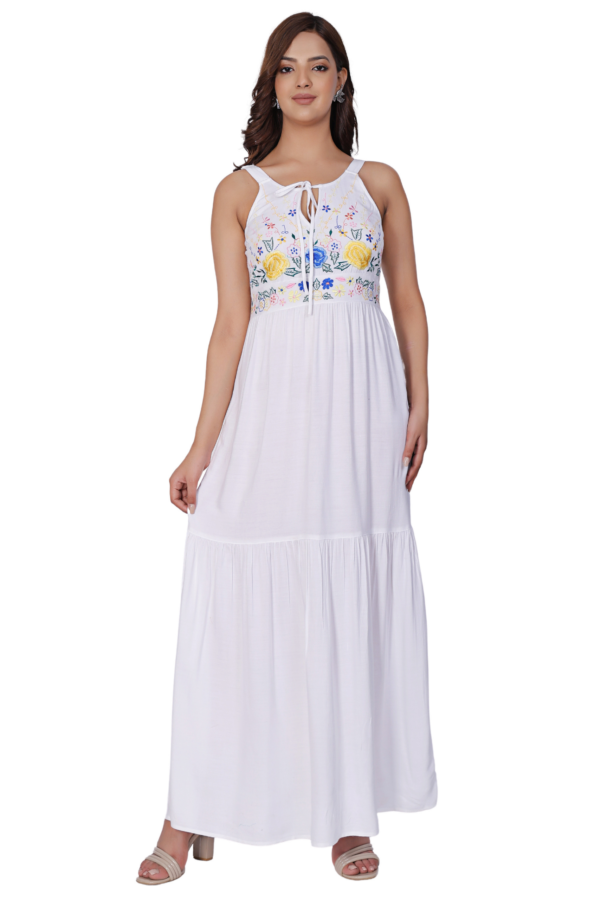 White Floral Rayon Long Dress