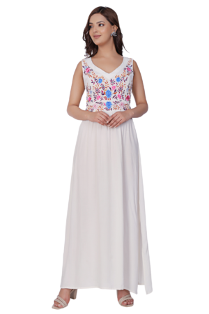 White Floral Rayon Maxi Dress - Front