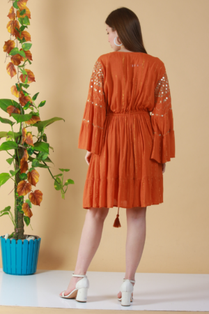 Orange Rayon Embroidered Short Dress - Back