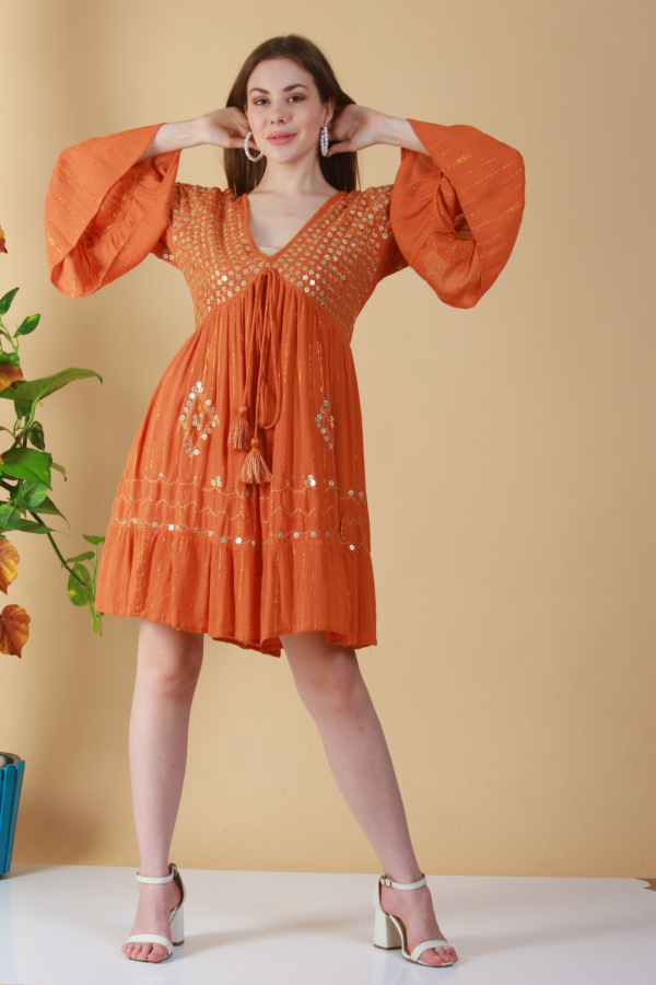 Orange Rayon Embroidered Short Dress