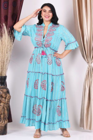 Turquoise Rayon Embroidery Collar Dress