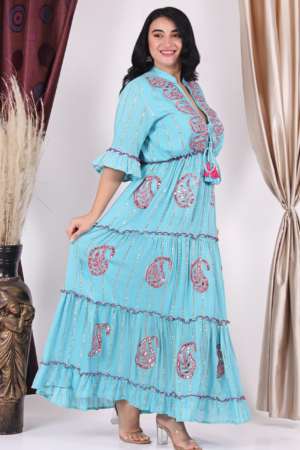 Turquoise Rayon Embroidery Collar Dress1